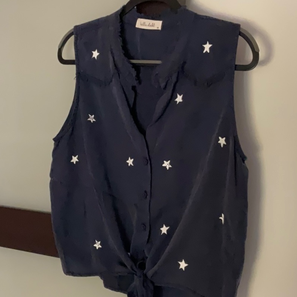 Bella Dahl Navy Blue Sleeveless Star Print Tie-Front Blouse